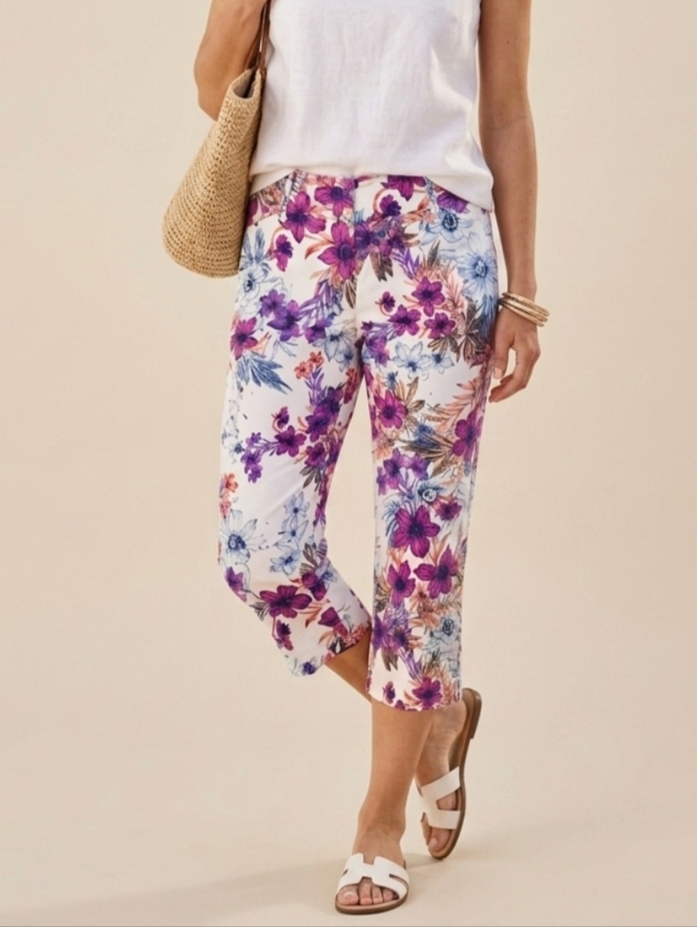 St. John's Bay Floral Cotton Capris with Purple, Pink & Orange Blooms Sz 14